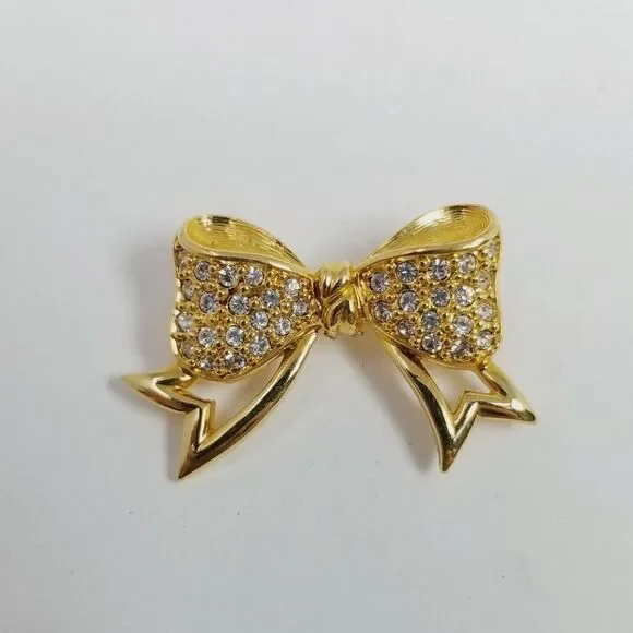 Vintage Rhinestone Encrusted Bow Shape Brooch Gold Tone Lapel Pin, Festive - Picture 6 of 6
